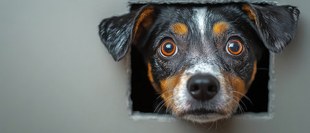 Dogs head peeking through a hole in white wall, wideeyed surprise, playful energyの素材