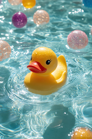 Bright yellow rubber duck floating in a clear blue swimming pool, surrounded by colorful pool toysの素材