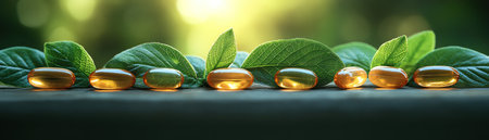 Herbal supplements and capsules arranged with fresh leaves on a wooden surfaceの素材