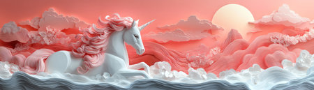 Dreamy unicorn resting in a pastel, papercrafted landscapeの素材