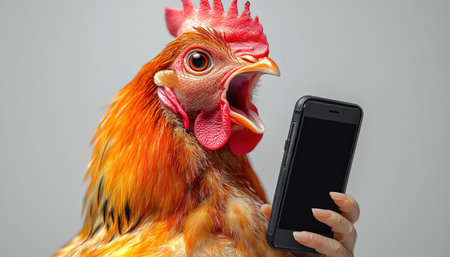 Shocked chicken holding a smartphone, white backgroundの素材