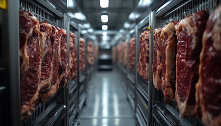 Rows of hanging beef cuts in a meat processing facility, dimly lit and orderlyの素材