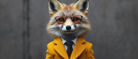 Stylish fox wearing glasses and a yellow suit, sharp focus, matching yellow backdropの素材