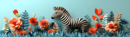 Playful paper zebra amidst vibrant flowers and greeneryの素材