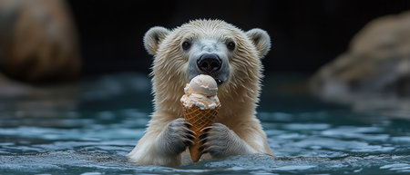 Polar bear enjoying a double scoop ice cream cone while relaxing in icy waterの素材