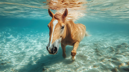 A horse swimming underwater, captured from a unique angleの素材