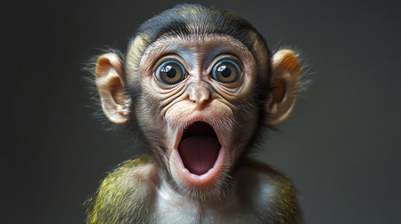 Shocked monkey, wide eyes, open mouth, humorous expression, studio lighting, sharp focus, gray backgroundの素材
