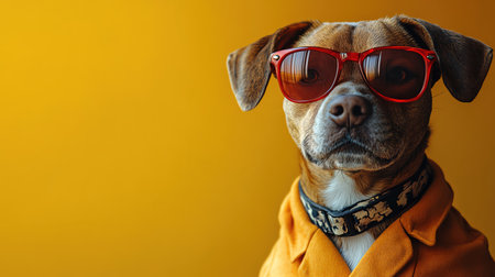 A stylish dog in an orange suit with red sunglasses, against a vibrant yellow backgroundの素材