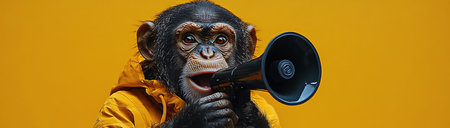 Monkey in a yellow outfit, shouting through a megaphone, against a bright yellow backgroundの素材