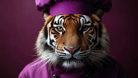 A tiger chef wearing a purple uniform and chef s hat, posing against a rich purple backgroundの素材