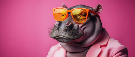 Hippo in a pink suit and orange sunglasses, posing against a vibrant pink backdropの素材