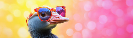 Goose with sunglasses and a rainbow gradient backgroundの素材