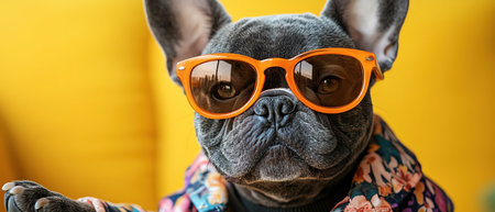 A French bulldog dressed in a colorful floral jacket and orange sunglasses, extending a paw forward, against a yellow backgroundの素材