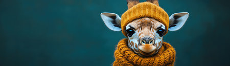 A young giraffe wearing a knitted hat and scarf, with a deep teal backgroundの素材