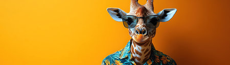 A giraffe in a tropical shirt and sunglasses, with a bright orange background, smiling confidentlyの素材