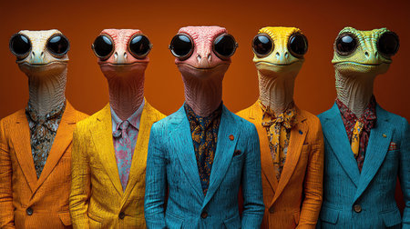 A group of stylish dinosaurs in colorful suits, posing confidently against a bold orange backgroundの素材