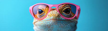 Colorful lizard in pink sunglasses, posing confidently against a bright blue backdropの素材