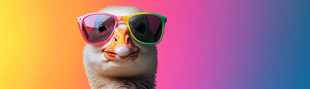 Goose with sunglasses and a rainbow gradient backgroundの素材