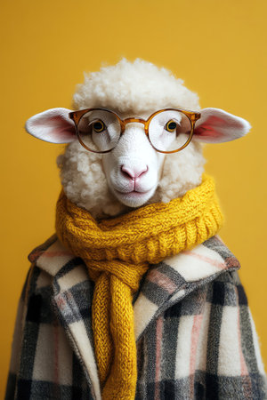 Sheep in glasses, wearing a plaid coat and mustard scarf, standing against a yellow backdropの素材