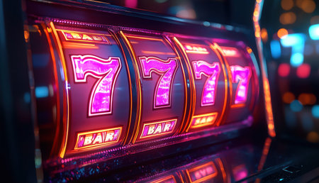 Neonlit slot machine reels showing triple 7s, glowing brightly in a dark casino settingの素材
