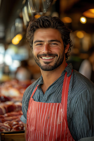 Smiling butcher in a red apron stands confidently in front of a meat displayの素材