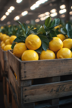 Wooden crates filled with lemons, bright warehouseの素材