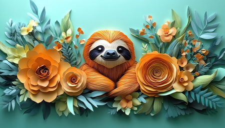An adorable papercrafted sloth among pastel paper flowers and foliage on a turquoise backgroundの素材