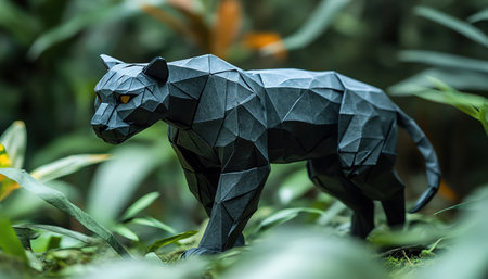 An origami black panther prowling through dense jungle foliage, dramatic shadowsの素材
