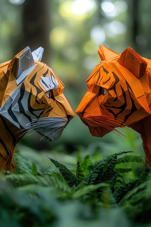 Two origami tigers facing each other in a lush, green setting, ready to pounceの素材