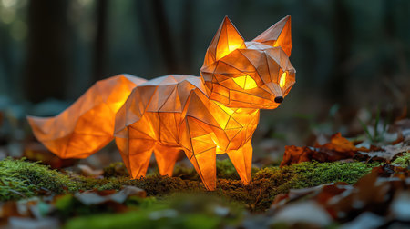 A glowing origami fox with illuminated patterns, standing on moss in a mystical forestの素材