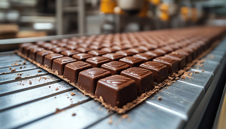 Chocolate bars on a conveyor belt in a factory, focused viewの素材
