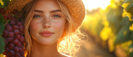 Young woman with grapes in a vineyard at sunset, warm golden light, softfocusの素材