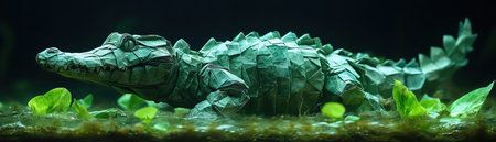 Origami crocodile underwater, surrounded by aquatic plants, mysterious settingの素材
