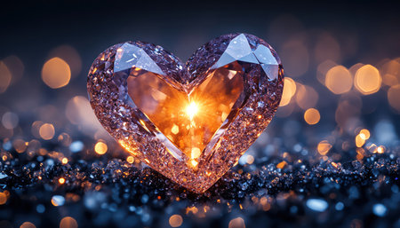 Heartshaped diamond sparkling on a bed of glittering stones, soft bokeh background, symbolizing love and luxuryの素材