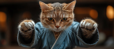 A determined cat in a karate uniform, poised in a fighting stance, against a dark studio backdropの素材