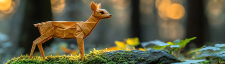 An origami deer standing on a mossy rock in a sundappled forest, early morning lightの素材