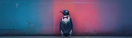 A penguin in a tuxedo with a bowtie, standing against a gradient background with shades of purple and blueの素材