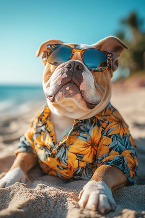 A bulldog lounging on a beach, wearing a Hawaiian shirt and sunglasses, with the ocean in the backgroundの素材