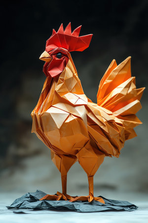 Origami rooster on a white background, bright overhead lighting, sharp folds, minimalistic and clean presentationの素材