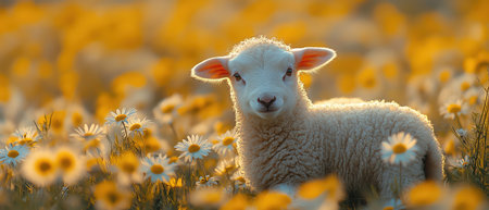 White lamb in a field of daisies, gentle lighting, soft and dreamy environmentの素材