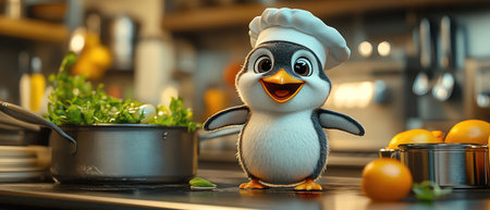 Chef Penguin Penguin wearing a chefs hat in a modern kitchen, ready to cookの素材