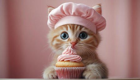 Kitten in a pink chef hat with a cupcake, playful pink background, whimsical sceneの素材