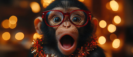 Excited monkey wearing red glasses and a tinsel garland at a festive partyの素材