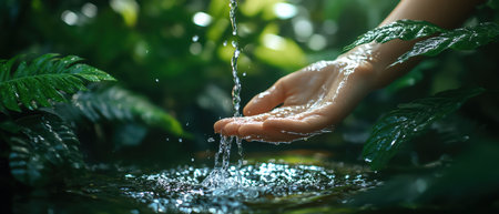 Hand catching clean water from a faucet, surrounded by vibrant greenery, symbolizing purity and natureの素材