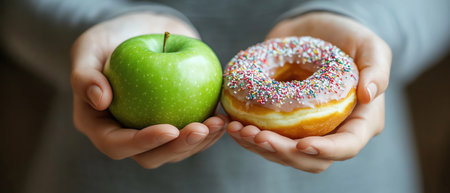 Hands holding a green apple in one hand and a sprinkled donut in the other, symbolizing choiceの素材