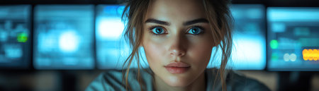 Woman in a control room, monitoring multiple screens, focused and professionalの素材