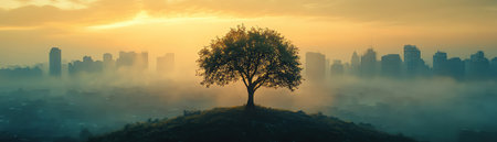 A tree stands resilient in a smoggy cityscape, representing natures struggle against urban pollutionの素材