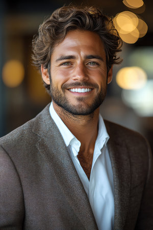 Confident businessman in a modern setting, smiling warmly at the cameraの素材