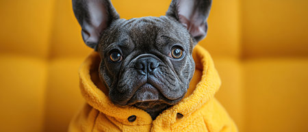 French bulldog in yellow chef outfit, posing against a yellow background, studio shotの素材
