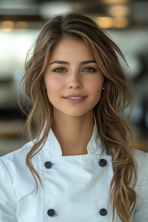 Happy female chef in a bright kitchen, wearing a white uniformの素材